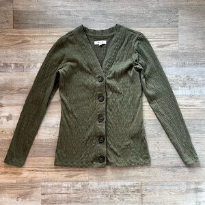 Olive green button up v neck ribbed shirt